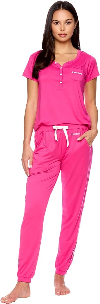 bebe Womens Pajama Set - Short Sleeve Shirt with Jogger Pajama Pants