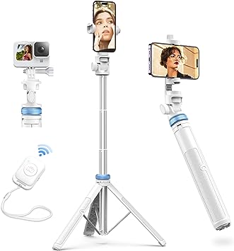 Kaiess 62" iPhone Tripod, Selfie Stick Tripod & Phone Tripod Stand with Remote, Cell Phone Tripod for iPhone, Extendable Travel Tripod Compatible with iPhone 14/13/12 Pro Max/Android/GoPro (Blue & White)