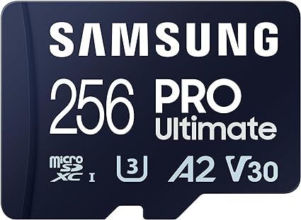 SAMSUNG PRO Ultimate microSD Memory Card   Adapter, 256GB microSDXC, Up to 200 MB/s, 4K UHD, UHS-I, Class 10, U3,V30, A2 for Action Cam, Drone, Gaming, Phones, Tablets, MB-MY256SA/CA[Canada Version]