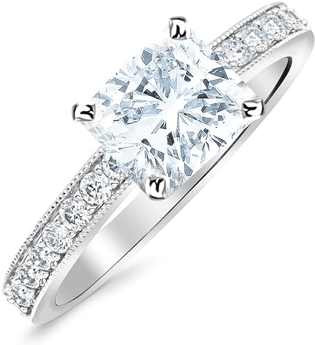 0.75 Carat 14K Classic Side Stone Pave Set With Milgrain Diamond Engagement Ring with a 0.45 Carat GIA Certified Cushion Cut E Color VS1 Clarity Center Stone