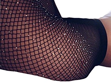L&ZZ Women's Sexy High Waist Tight Sparkle Rhinestone Fishnet Stockings Pantyhose