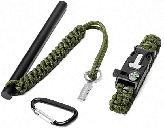 Brame Ferro Rod 6 inch x 1/2 inch Fire Starter and Emergency Bracelet with Compass and Whistle, Fire Starting Survival Gear HSS Steel Scraper Ferrocerium Rod Kit with 9 ft Paracord and Carabiner