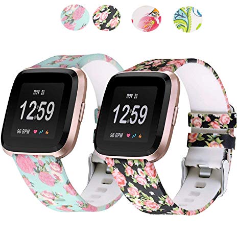 Fitbit Versa Floral Printed Bands,Soft Silicone Sport Replacement Accessories Bracelet Wrist Strap Band for 2018 New Fitbit Versa Smart Fitness Watch Women Men (2Pack)