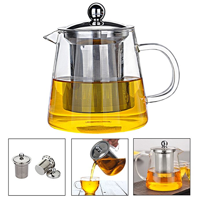 Glass Teapot 380 ml PLUIESOLEIL with Heat Resistant Stainless Steel Infuser, Borosilicate Glass Tea Pots