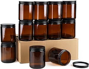 12 Pack Amber Glass Jars, 8 Oz Thick Amber Round Glass Jars, with Black Metal Lids, for Spice, Liquid, Sample, Leakproof and Dishwasher Safe