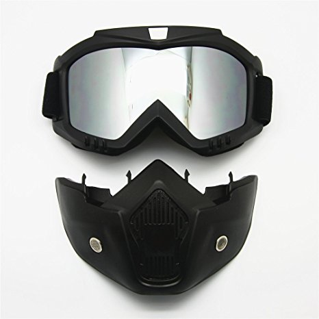 Motorcycle Goggles Mask Detachable, Harley Style Protect Padding Helmet Sunglasses, Road Riding UV Motorbike Glasses (Mirror Lens)