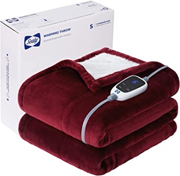 Sealy Heated Throw Blanket, Soft Flannel & Sherpa Electric Throw with 6 Heat Settings & 2-10 Hour Auto Shut Off, Machine Washable - 50x60 Inch, Burgundy