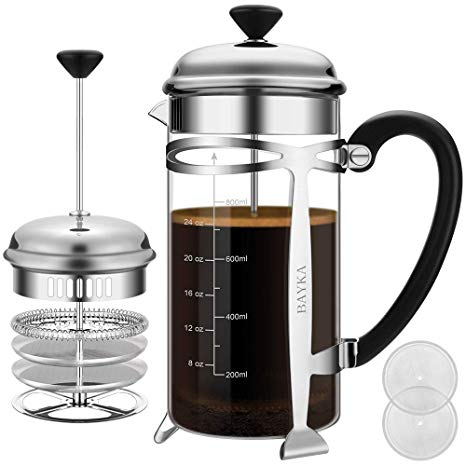 French Press Coffer Tea Maker (34 oz), BAYKA 304 Stainless Steel Coffee Press with 4 Level Filtration System, Heat Resistant Thickened Borosilicate Glass