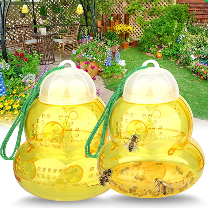 Wasp Trap Bee Traps Catcher, Wasp Traps Outdoor Hanging, Wasp Repellent Trap Deterrent Killer Insect Catcher, Non-Toxic Reusable Yellow Jacket Trap (2 Pack, Yellow)