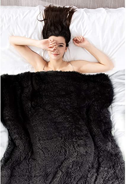 Coolplus Faux Fur Weighted Blanket 15lb for Adult,Shaggy Fur and Soft Sherpa Fleece Weighted Throw Blankets Full&Twin Size for Bed,Couch,Snug Plush Fleece and Cozy Sherpa Reverse,48x72Inches Black