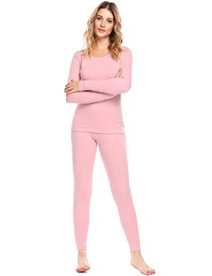 Langle Women Long Sleeve Pajamas Thermal Base Layer Underwear Set Lightweight Cotton Nighty S-XXL