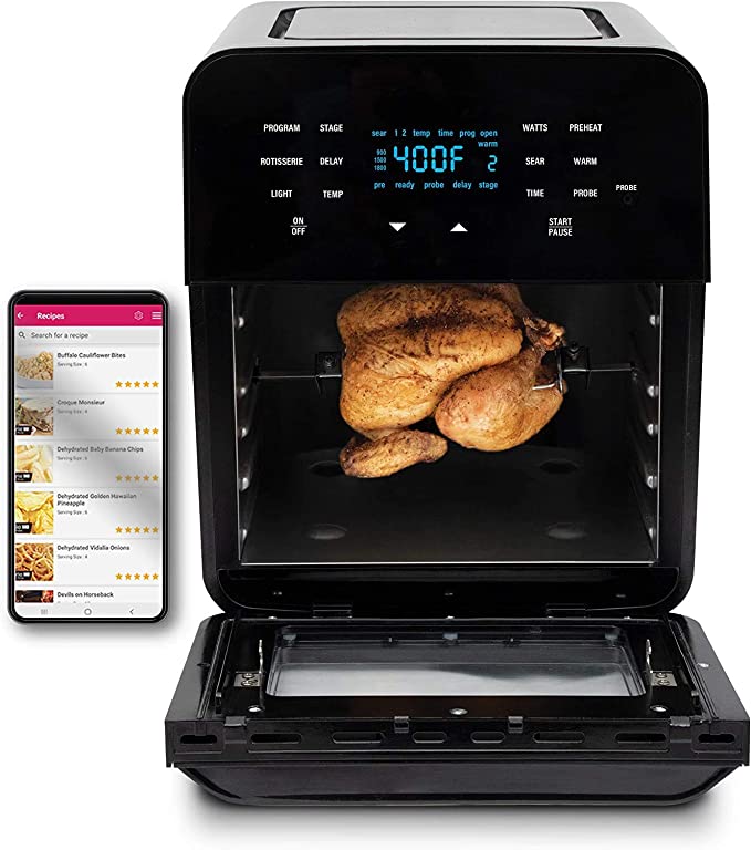 NuWave Brio 15.5-Quart Large Capacity Air Fryer   Grill; Probe; 2 Stainless Steel Racks; Drip Tray; Rotisserie Kit; Sear, Stage, Preheat, Rotisserie