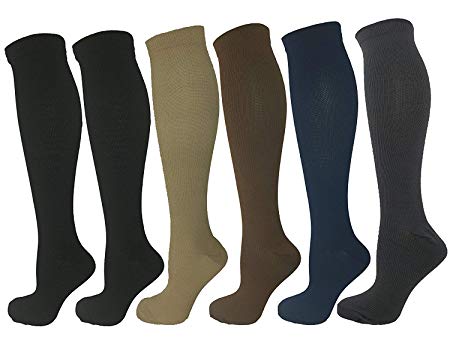 6 Pair Small/Medium Ladies Compression Socks, Moderate/Medium Compression 15-20 mmHg. Assorted Colors (2 Black, 1 Tan, 1 Grey, 1 Blue, 1 Brown). Therapeutic, Occupational, Travel & Flight, Knee-High.