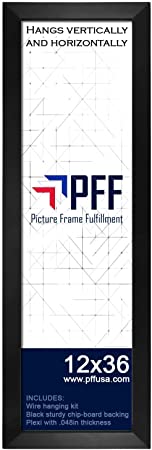 PictureFrameFactory 12”x36” Picture Frame | 1.25" Black MDF | Plexi Glass and Wire Hanging Hardware Included