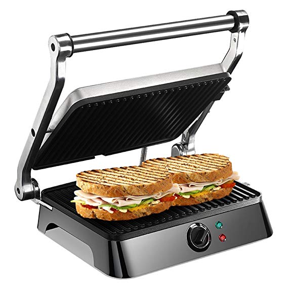 Homeleader Panini Maker, Panini Press Gourmet Sandwich Maker with Non-Stick Coated Plates, Open 180 Degrees to Fit Any Size Food, 1500-Watt, Black