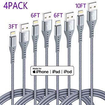 iPhone Charger Lightning Cable XnewCable 4Pack(10ft 6ft 6ft 3ft) Apple MFi Certified Nylon Braided Long Fast USB Cord Compatible for iPhone 11Pro MAX Xs XR X 8 7 6S 6 Plus SE 5S 5C (Light Grey)