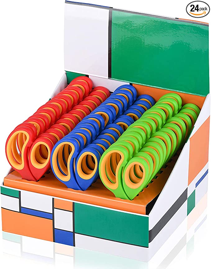 Saxhorn Kids Scissors 5"（School Teacher Bulk Classroom Pack, 5 Inch）- Soft Touch Pointed School Student Scissors, Blunt, Assorted Colors (24)