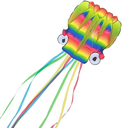 Large (209'' Long) Rainbow Octopus Kite for Kids and Adults with Long Tails - Giant Easy Flyer for Beginners - Software Parafoil Kite for the Beach, Best Summer Toys for Outdoor Games Activities