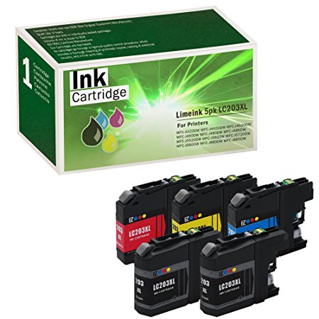 Limeink 5 Pack Compatible LC203 XL LC203XL High Yield Ink Cartridges (2 Black, 1 Cyan, 1 Magenta, 1 Yellow) For Brother MFC-J4320DW MFC-J4420DW MFC-J460DW MFC-J4620DW MFC-J480DW MFC-J485DW MFC-J5520DW