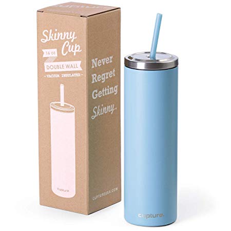 Cupture Stainless Steel Skinny Insulated Tumbler Cup with Lid and Reusable Straw - 16 oz (Powder Blue)