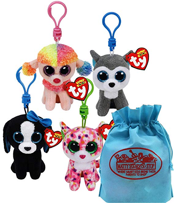Ty Beanie Boos Clips (3") Rainbow, Tracey, Slush & Sophie Gift Set Bundle with Bonus Matty's Toy Stop Storage Bag - 4 Pack