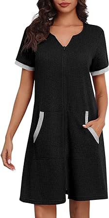 Ekouaer Women Zipper Robe Waffle Short Sleeve Bathrobes Lightweight Knee Length Housecoat with Pockets S-3XL