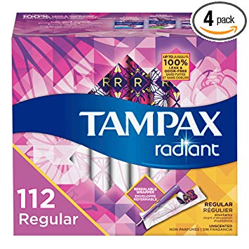 Tampax Radiant Plastic Tampons, Regular Absorbency, Unscented, 28 Count - Pack of 4 (112 Count Total) (Packaging May Vary)