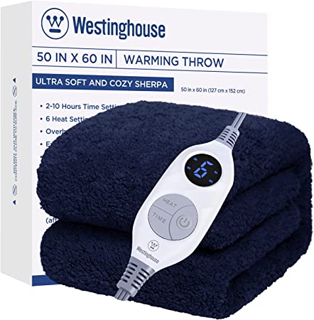 Westinghouse Electric Blanket Throw Size, Soft Plush Sherpa Heated Blanket with 6 Heating Levels & 2-10 Hours Auto-Off, Machine Washable, 50x60 inches, Navy