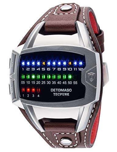 DETOMASO Tecpunk Mens Digital Wrist Watch Silver Stainless Steelcasing Brown Leather Strap Binary Look With Stylish LEDs DT-YG106-B