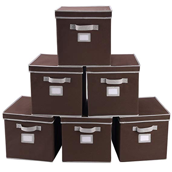 StorageWorks Storage Cube Box With Lid, Fabric Storage Bin By, Brown, Large, 11.8x11.8x11.8 inches,6-Pack