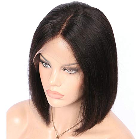 GRACE PLUS Short Bob Wigs Brazilian Remy Hair Straight 13x4 Lace Front Human Hair Bob Wigs for Women 130% Density Pre Plucked with Baby Hair Natural Color (14 Inch)
