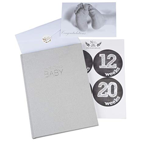 Gray Linen Wrapped Prgnancy Journal Baby Memory Book with Belly Stickers – Baby Shower Gift or Scrapbook Keepsake