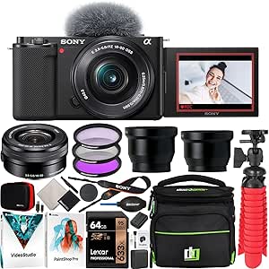 Sony ZV-E10 Mirrorless Alpha APS-C Vlog Camera Body and 16-50mm F3.5-5.6 Zoom Lens ILCZV-E10L/B Black Bundle with Deco Gear Case   Filter Set   Wide Angle & Telephoto Lenses   Accessories Kit