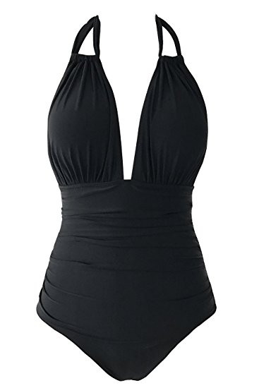 Seaselfie Vintage High Waisted Convertible Halter One-piece Padding Swimsuit