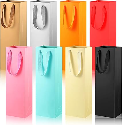 Colorful Wine Gift Bags Christmas Wine Bottle Paper Bags Single Bottle Carry Bags with Handles for Wedding Birthday Housewarming Christmas Party Supplies, 3.5 x 4.3 x 13.8 Inch, 8 Colors(24 Pieces)