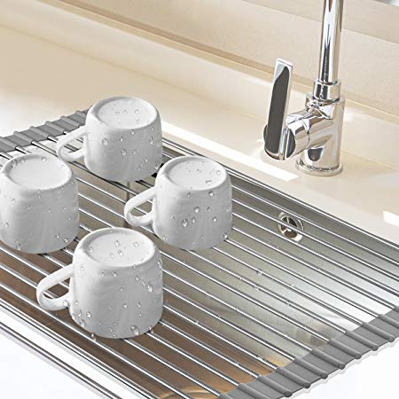 Dish Drying Rack, AYCLIF Over the Sink Foldable Dish Rack with 18 Stainless Steel Pipes and Soft Silicone for Multi-Purpose(Warm Gray, 20.5" x 13")