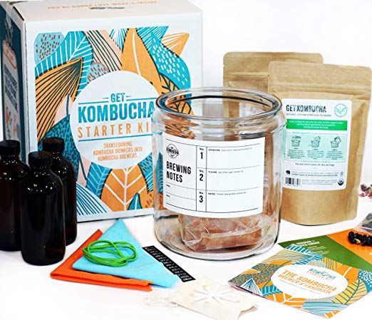 Kombucha Starter Kit .Deluxe Brewing Bundle, Create Vegan Organic Tea, Non-GMO and Gluten Free Brew with Advanced Probiotics, Glass Gallon Jar, Funnel, and Botanicals