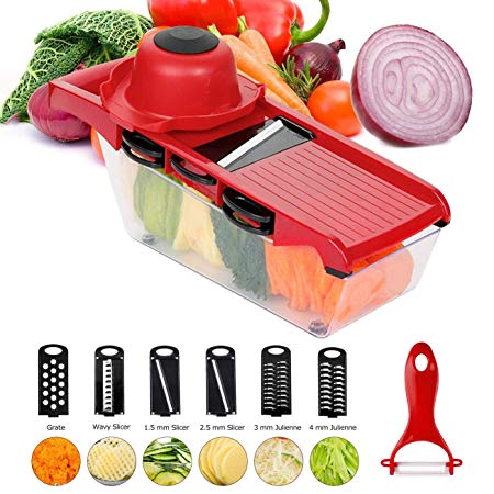 6 in 1 Mandolin Slicer, Multi-Function Fruit and Veg Cutter, Interchangeable Stainless Steel Blade with Food Container, Peeler, Hand Protector, Julienne Slice for Potato Tomato Onion Vegetable