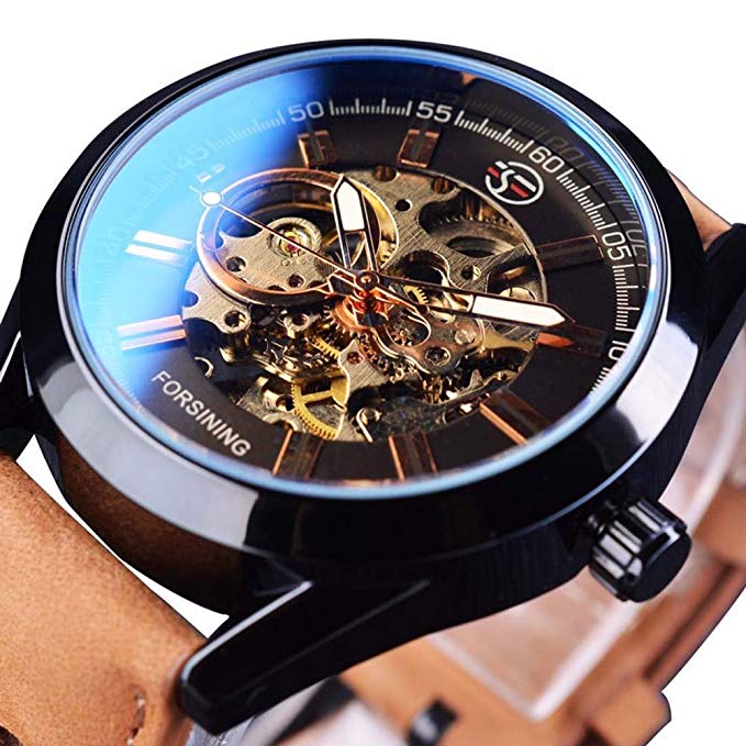 GLEIM Mens Skeleton Automatic Mechanical Wrist Watch Analog Casual Brown Leather Clock