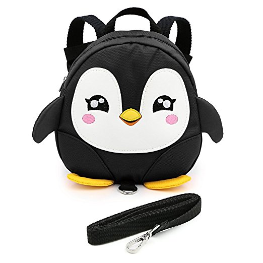 Hipiwe Baby Toddler Walking Safety Backpack Little Kid Boys Girls Anti-lost Travel Bag Harness Reins Cute Cartoon Penguin Mini Backpacks with Safety Leash for Baby 1-3 Years Old (Black)