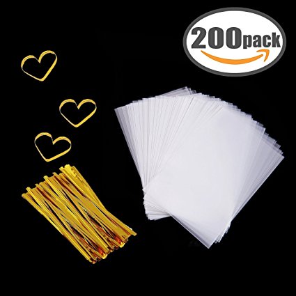 Cellophane Bag 200 PCS Clear Cello Treat Bags Party Favor Bags for Gift Bakery Cookies Candies Dessert with 200 PCS Metallic Twist Ties (3" by 4")