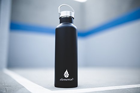 Elemental Black Stainless Steel Water Bottle 25oz (750ml) Premium Double Wall Insulated Vacuum Bottle