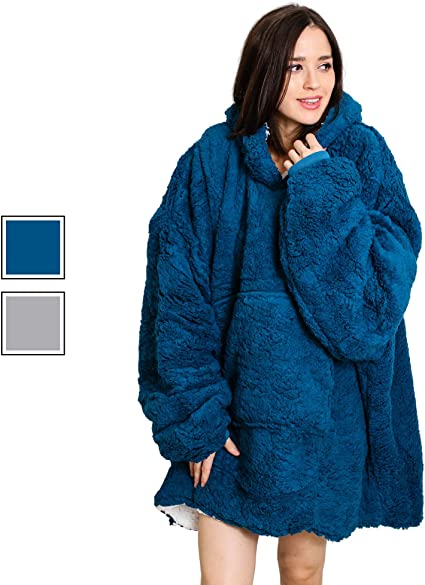 Roore Oversized Sherpa Wearable Blanket Hoodie | Super Soft Warm Comfy Reversible Hooded Sweatshirt Thick Plush Giant Pullover Fleece Sweater for Adult Men Women Teens Kids (Blue)