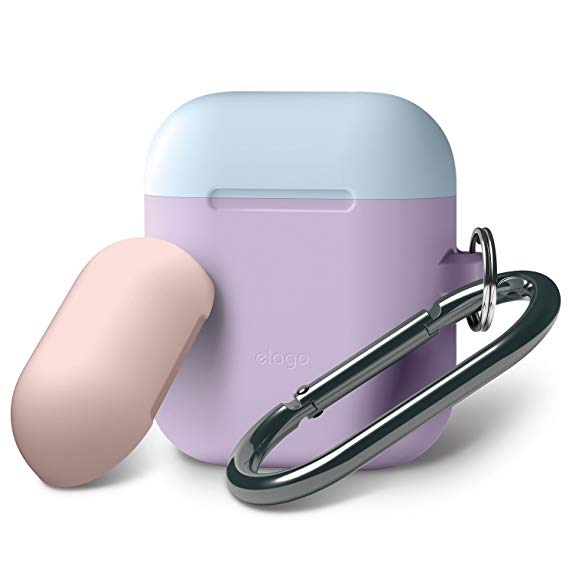 elago AirPods Duo Hang Case [Body:Lavender/TOP:Pastel Blue, Lovely Pink] - [Extra Protection] [Hassle Free][Added Carabiner] - for AirPods Case