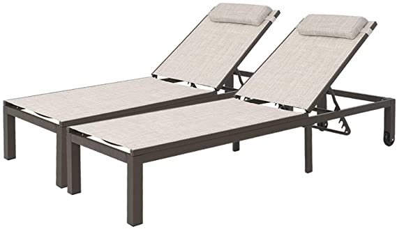 Crestlive Products Adjustable Quilted Chaise Lounge Chair Five-Position Outdoor Recliner with Headrest and Wheels All Weather for Patio, Beach, Yard, Pool (2 PCS Beige)