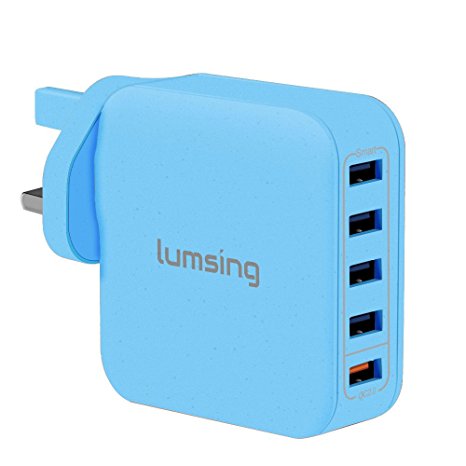 Lumsing Quick Charge 2.0 Multi-Port USB Multiple Mains Charger Wall Charger,40W Charging Station Dock, 1 Port QC2.0   4 Port with Smart IC Technology, 5 Port Wall Charging Hub for Iphone 7 iPhone 7 Plus iPad and other SmartPhones-Blue