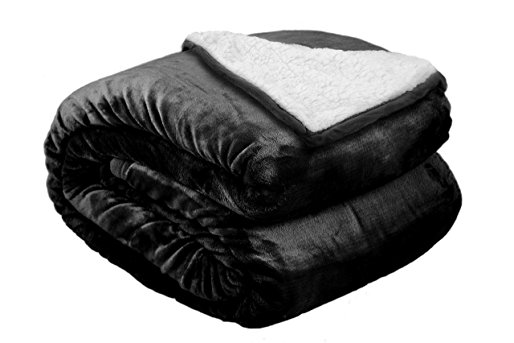 Archangel 2 Ply Microfiber Velvet Silky Soft Sherpa Borrego Reversible Solid Blanket Black 90"x108" King Size
