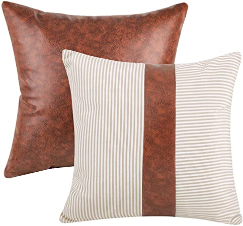 Merrycolor Stripes Faux Leather Pillow Set of 2 Decorative Throw Pillow Covers Cushion Case for Couch Sofa Farmhouse Modern Decor Pillow Case 18 x 18 Inch
