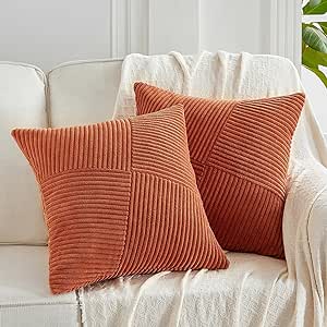 Fancy Homi Set of 2 Burnt Orange Boho Fall Decorative Throw Pillow Covers 18x18 Inch with Diagonally Pattern for Living Room Couch Bed, Soft Textured Corduroy Aesthetic Farmhouse Home Decor 45x45 cm