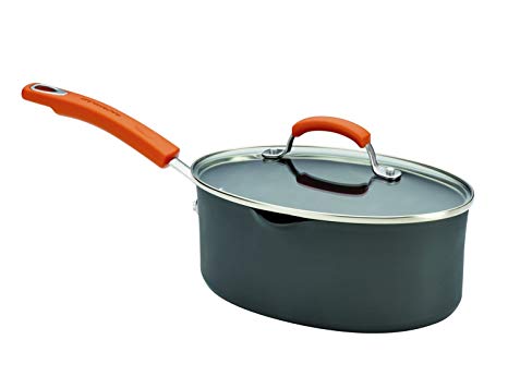 Rachael Ray 87586 Hard-Anodized 3 quart Oval Saucepan with Orange Handles, Charcoal